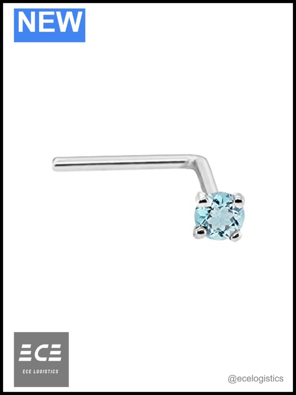 Solid 14Kt Gold L-Shape Nose Stud 22G Aquamarine Gemstone March Birthstone